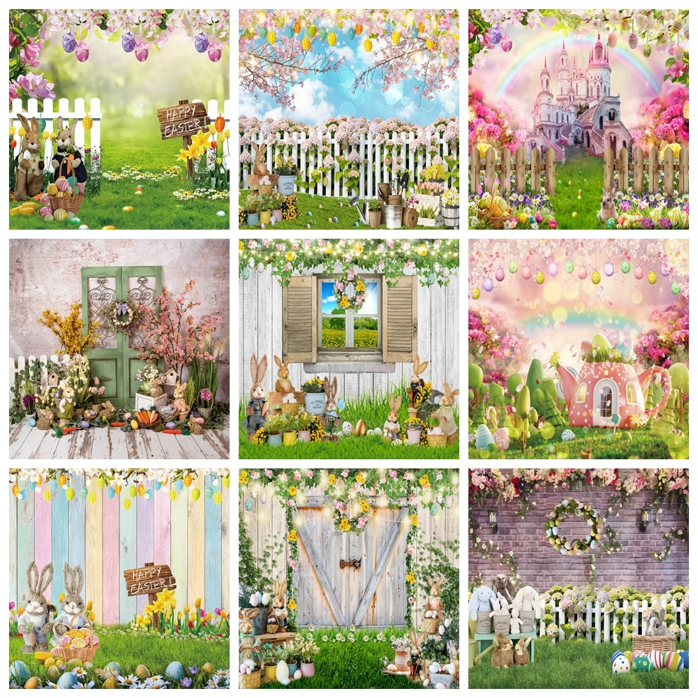 

Spring Easter Photography Backdrop Rabbits Flower Grass Baby Birthday Party Kids Portrait Photocall Background Photo Studio Prop