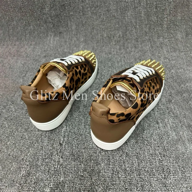 Men's Shoes Leopard Print Color-matching Design Golden Rivets Low-top Sneaker Shoes Spring Casual Lace-up Men Dress Shoes