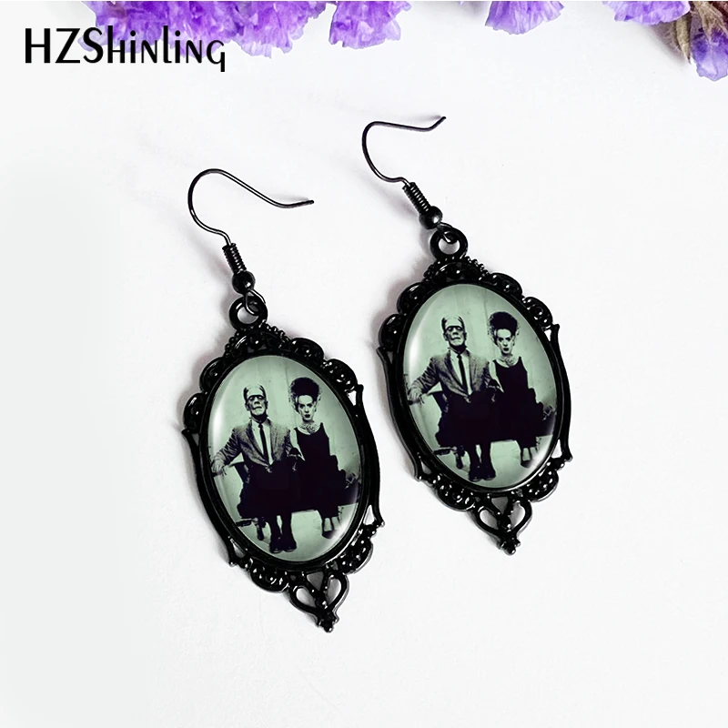 2024 New Frankenstein and His Bride Dangle Earring Black Lace Earrings Oval Glass Photo Jewelry Gifts Party