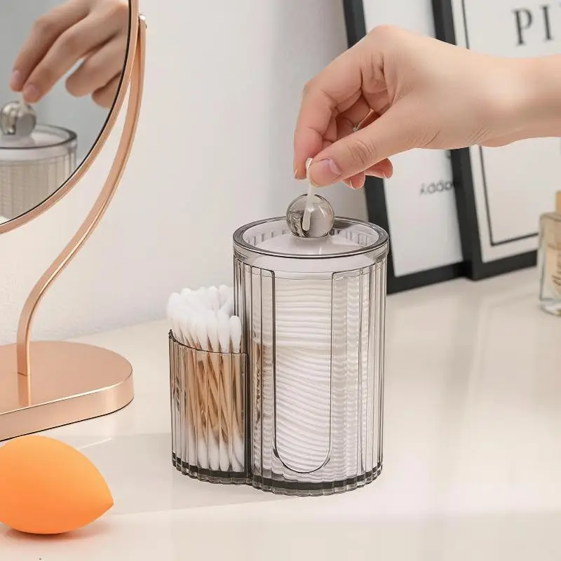 Ribbed Clear Acrylic Qtip Holder Multi-purpose Dustproof Lid Storage Organizer for Cotton Pads Swabs Bathroom Vanity Countertop