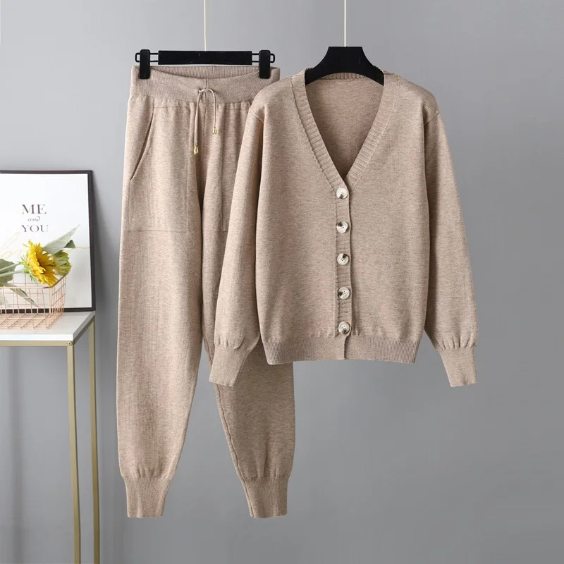 Autumn and Winter New V-neck Cardigan Sweater Harem Pants Set Solid Color Cardigan Sweater Two-piece Set