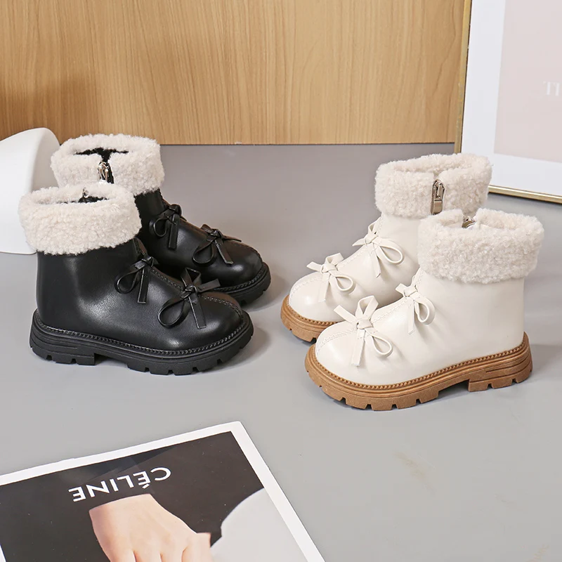 

Модные детские плюшевые сапоги на платформе, зимние милые меховые ботильоны с бантом для девочек, повседневные детские теплые хлопковые сапоги принцессы