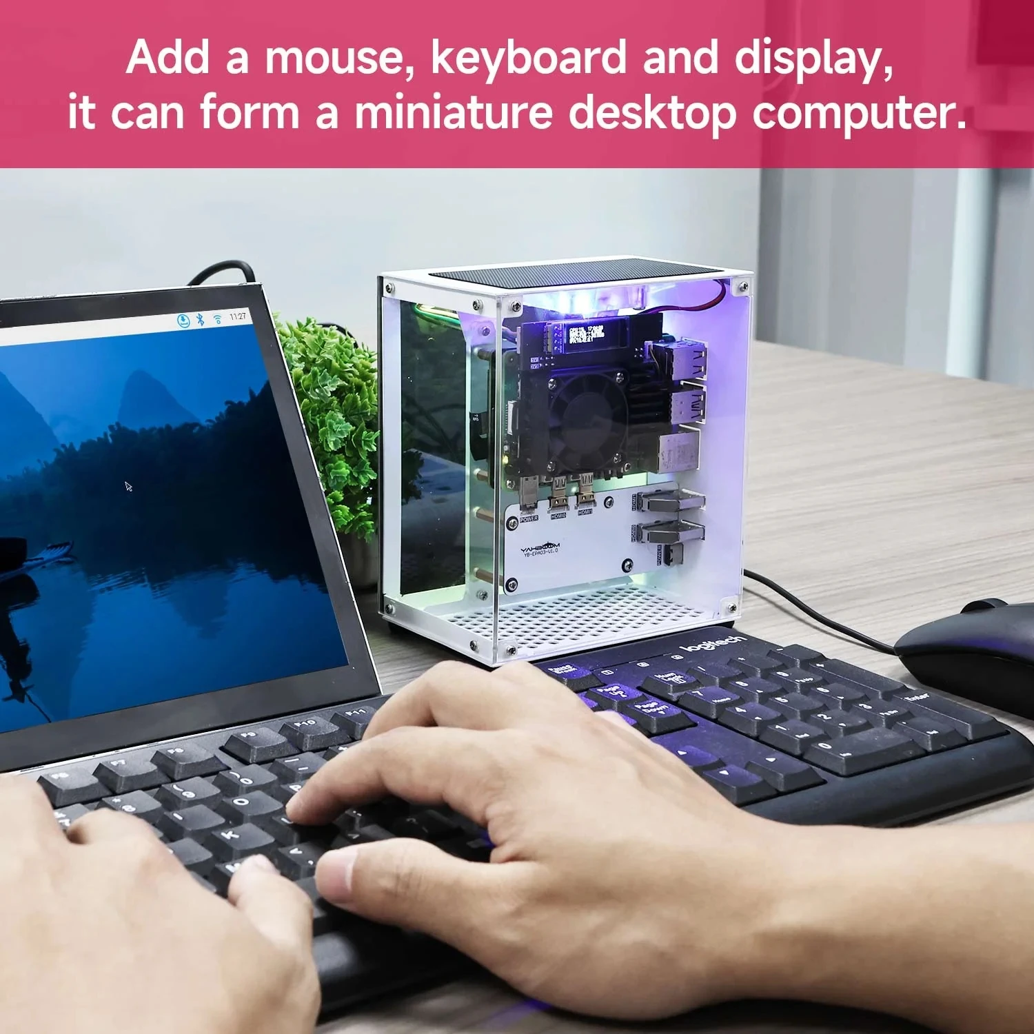 Raspberry Pi 5 CUBE Pi Protective Case with Cooling Fan & RGB Color Light 0.91 inch OLED Dispaly HDMI-compatible Support M.2 SSD