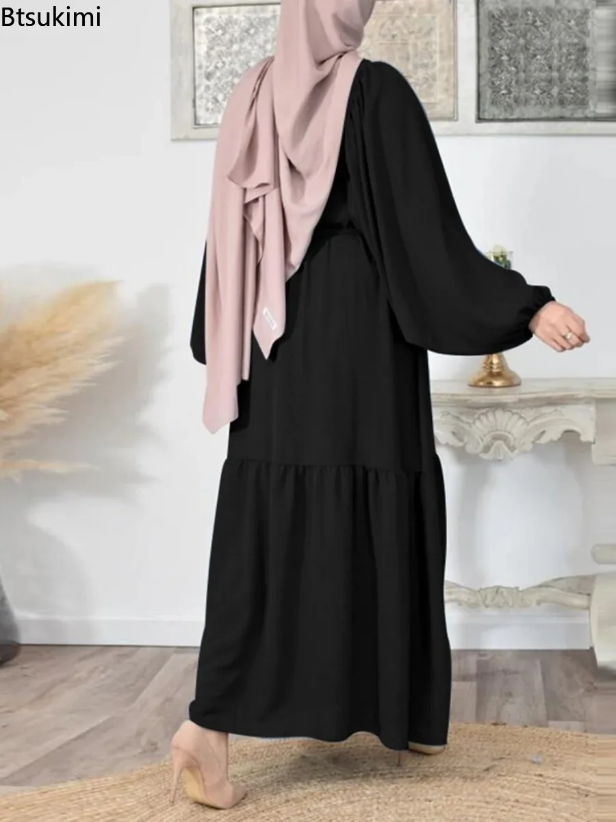 2024 Women\'s Elegant Muslim Shirt Dress Oversized Puff Sleeve Hijab Caftan Islamic Clothing Casual Belted Jilbab Sundress Female