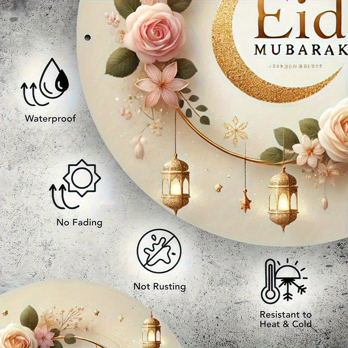 2D Flat, Round Aluminum Metal Wall Panel- Vintage Bohemian Eid Mubarak Wall Art,