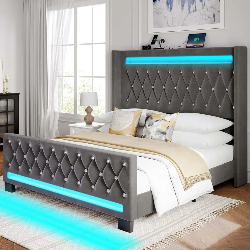 Queen Size Bed Frame Tall Headboard with LED Lights & Charging Station, Upholstered Wing Headboard & Footboard, Bed