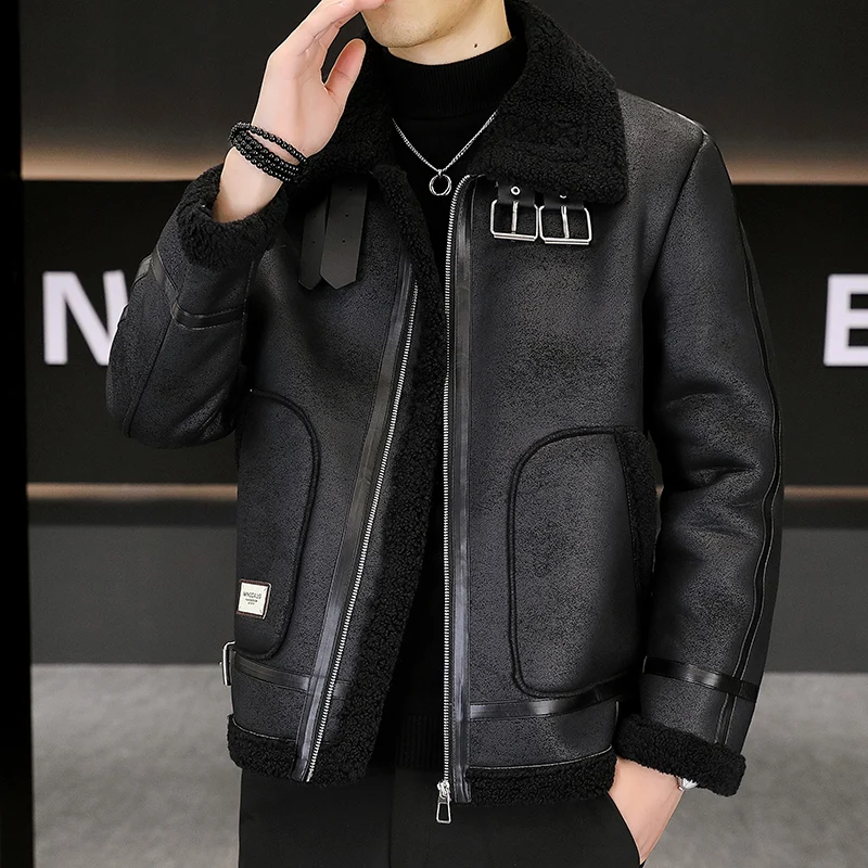 Faux Fur Leather Jackets Men Splicing Pockets Trend Casual Motorcycle Bike Jacket Winter Thick Warm Coat Streetwear
