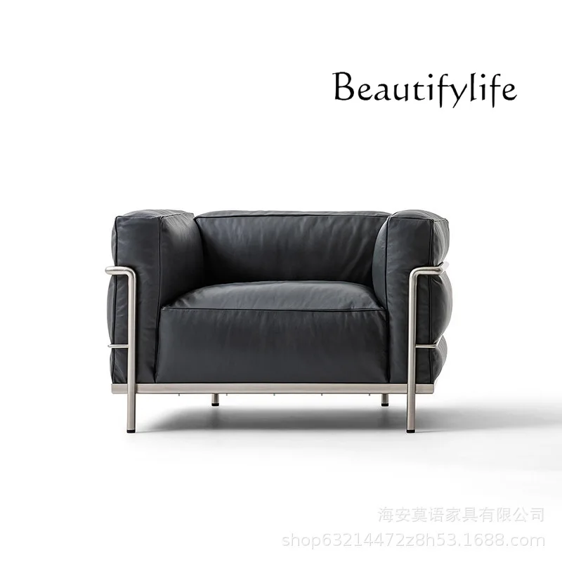 

Single sofa medieval stainless steel straight row modern light luxury living room leather sofa