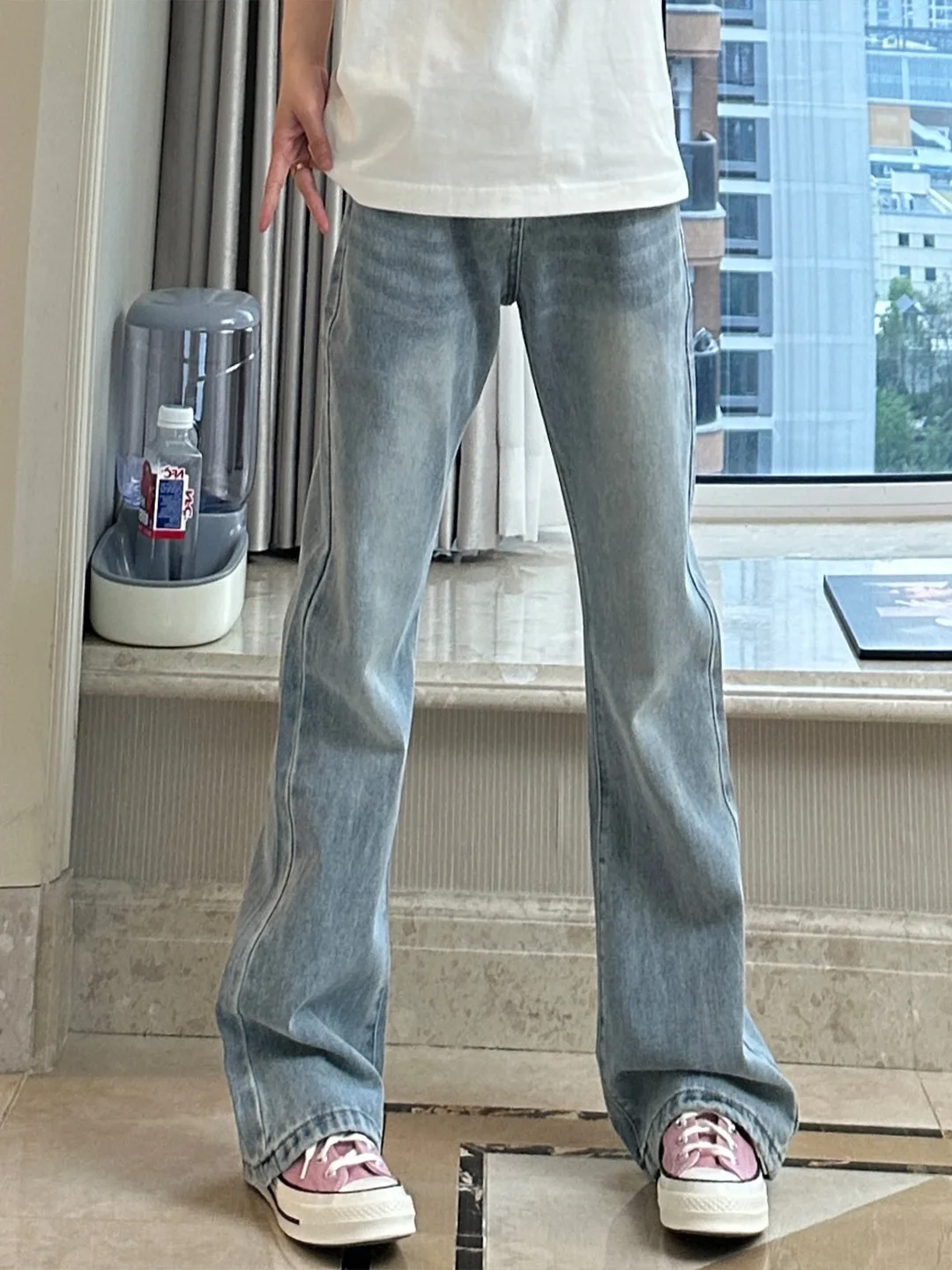 

Light Blue Men's Summer Slim Fit Straight Leg Jeans mid Waist Long Trousers Casual Style Bootcut Denim Pants American Vintage