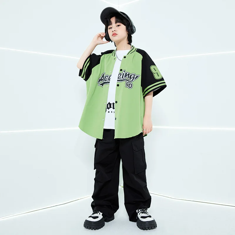 Chidren Hip Hop abbigliamento verde camicia a maniche corte giacca Top pantaloni Cargo neri per bambini Jazz Dance Costume adolescenti Street Wear