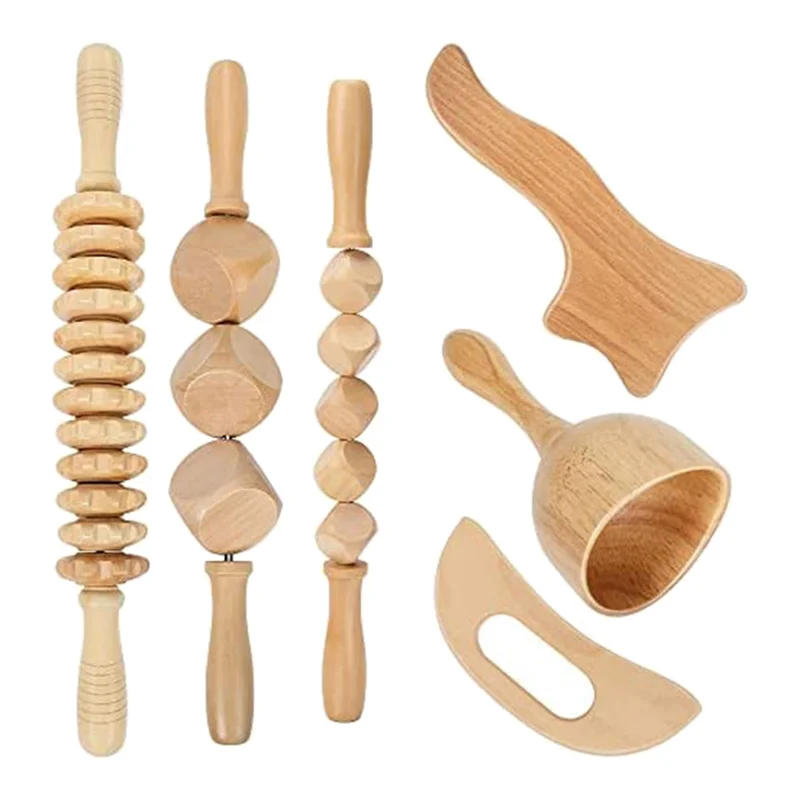 6Pcs Wood Therapy Massage Tools,Wood Therapy Kit,Wooden Massager Kit for Anticellulite and Body Sculpting