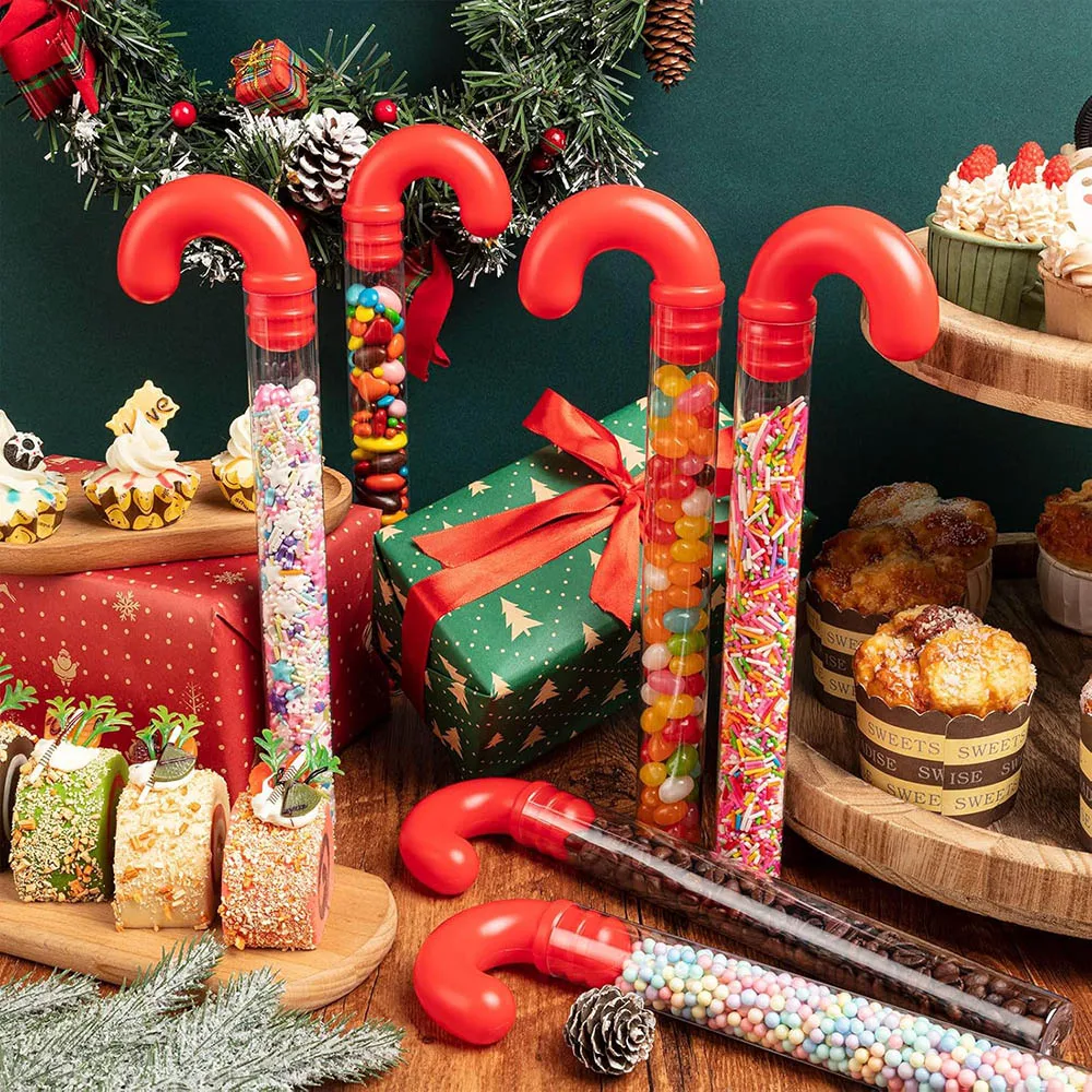 

Большие рождественские трубочки для конфет, пластиковый контейнер для конфет с красной топпером, красный наполнитель, праздничный наполнитель в форме костыля для рождественской вечеринки