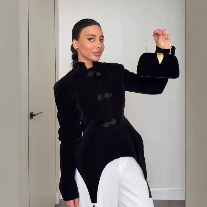 EuropeanWomen Velvet Coat Frog Button Stand Collar Long Sleeve French Retro Outerwear Fashion Streetwear Jacket For Daily Party