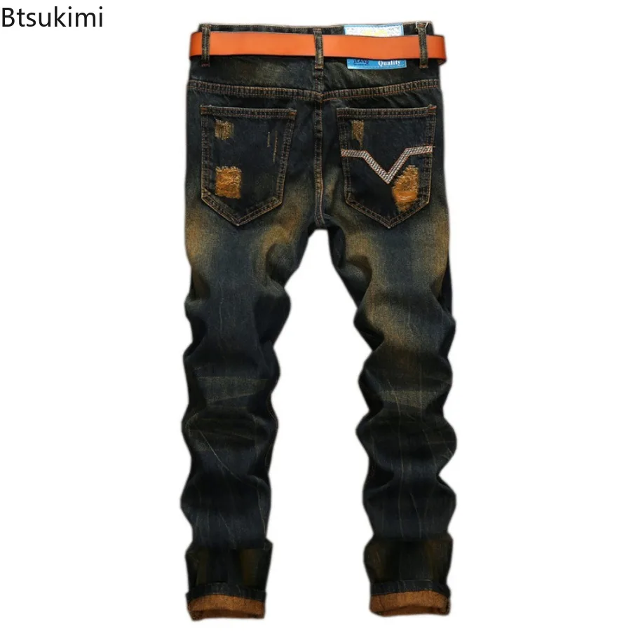 2024 Men's Straight Jeans Fashion Hole High Street Pants Men Slim Classic Vintage Casual Denim Trousers Party Hip Hop Pants Male