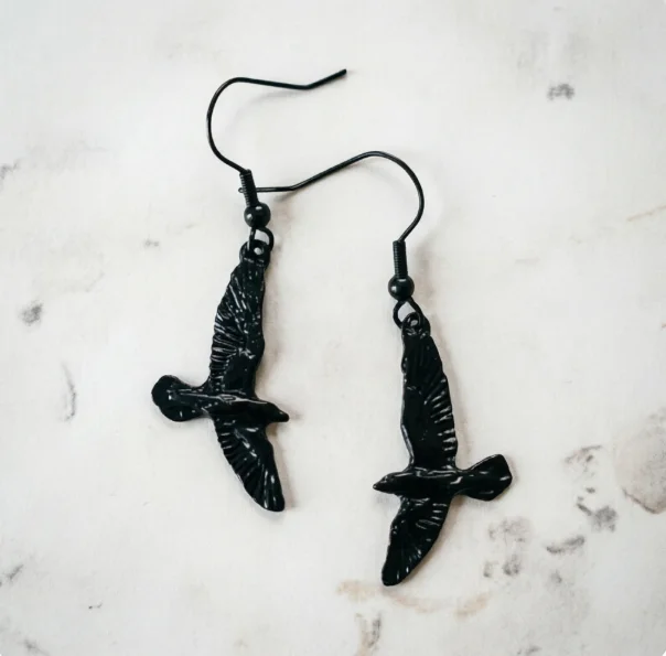 Gothic Flying Black Raven Earring Tiny Crow Bird Skull Punk Oddities Wicca Occult Goth Jewelry