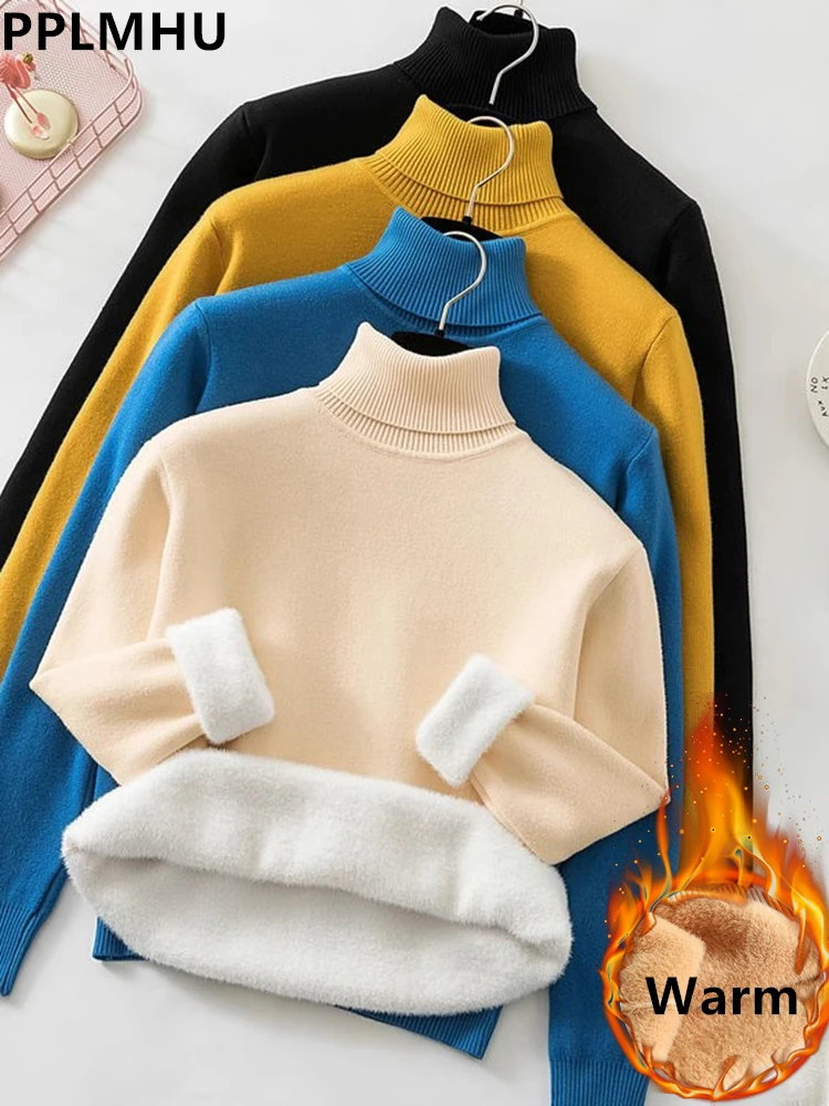 Winter Turtleneck Slim Sweater Womem Warm Poleras Plush Lined Thicken Knit Pullover Korean Pulls Soft Knitwear Jumper Sueter Top