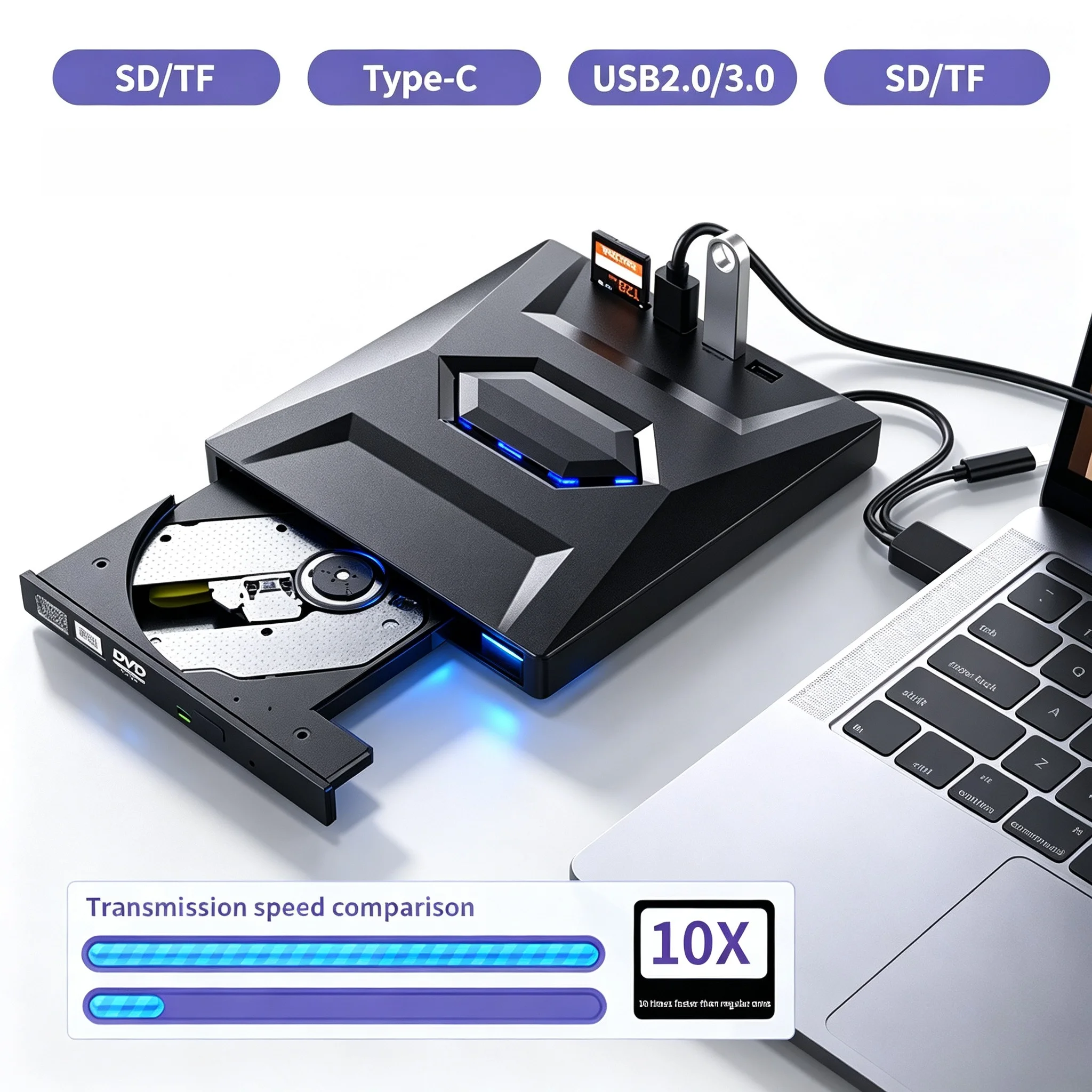 External CD DVD Drive USB 3.0 Type-C SD TF Card Reader CD DVD RW Rom Writer Burner Optical Player For Laptop Computer