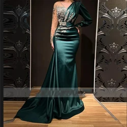 Dark Geen Women's Satin Evening Dresses Pleated Lace Applique Customized Arab Dance Gowns Formal Fashion Celebrity Party Robe