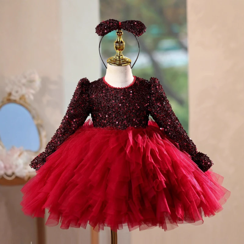 

Burgundy Girls Birthday Princess Gown Kids Formal Dress Children Vintage Long Sleeve Sequin Puffy Performance Gown Costumes