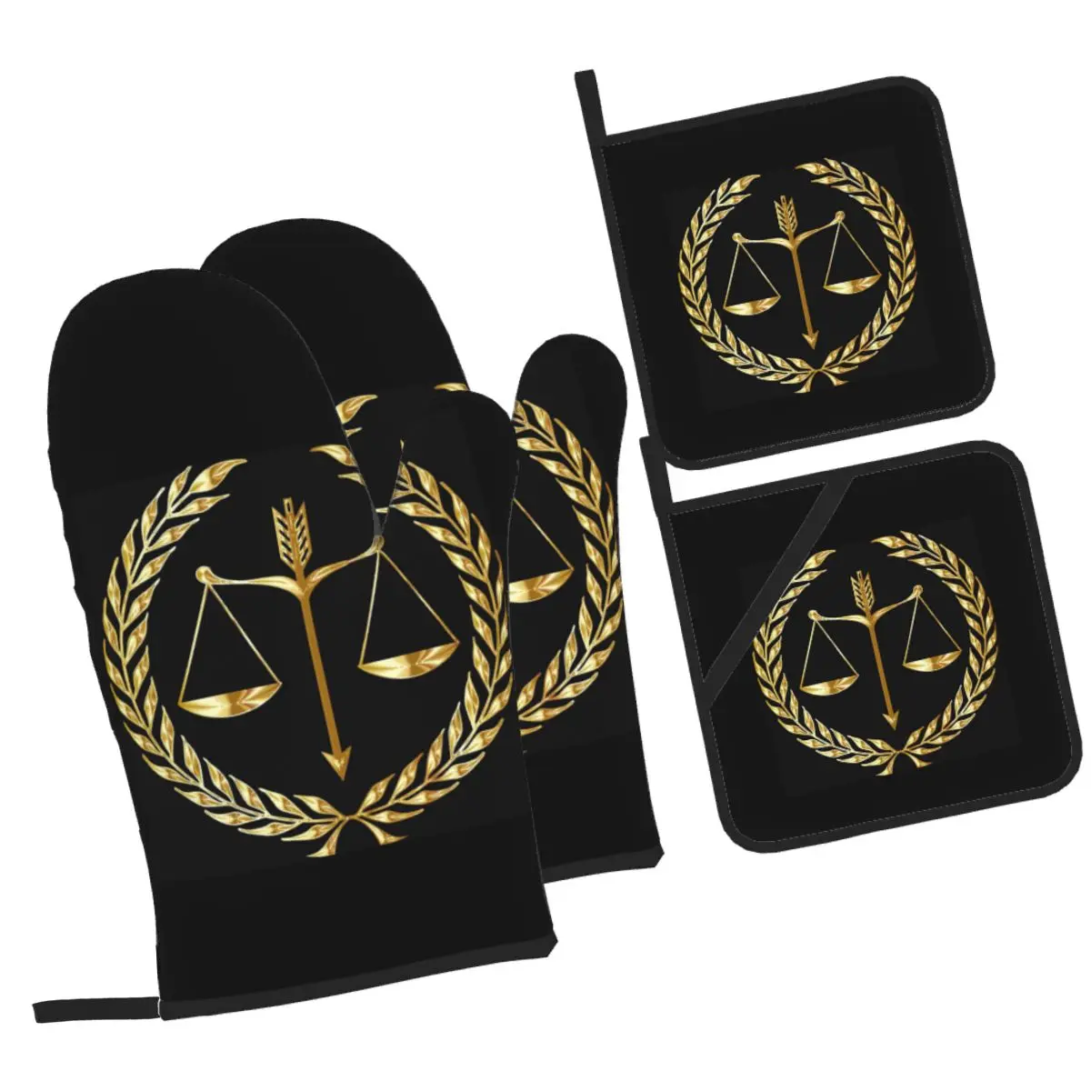 Gold Scales Of Justice Law Logo Lawyer Legal Party Oven Mitts and Pot Holder Sets of 4 for Baking Kitchen Cooking BBQ Gloves