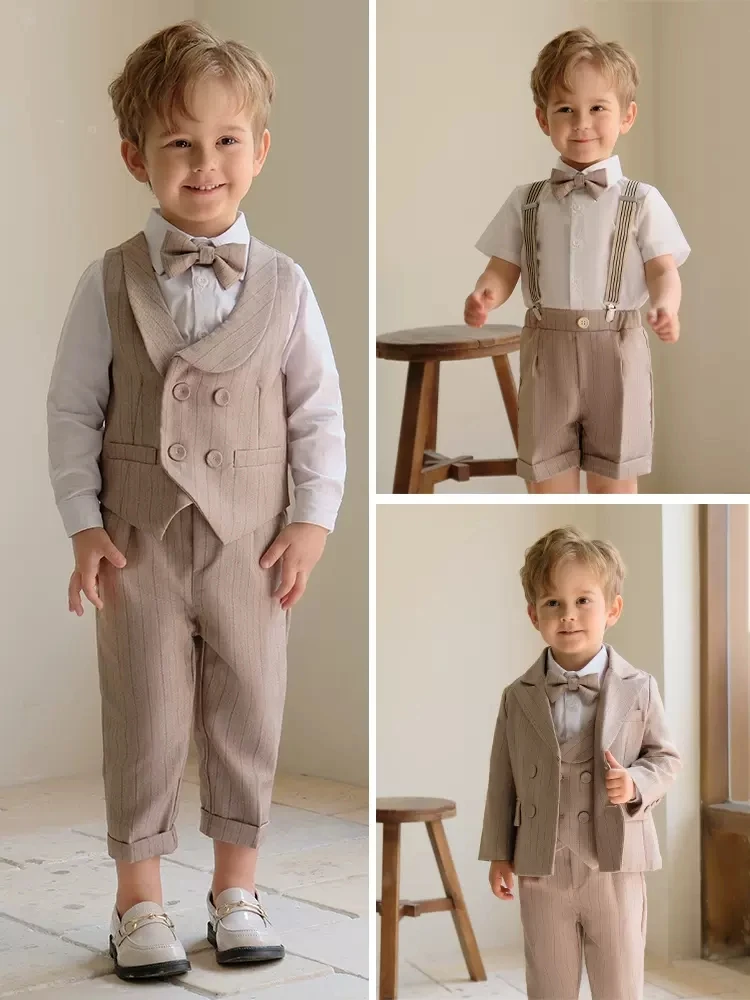 Children Khaki Luxurious Birthday Dress Kids Beaufitul Photograph Suit Boys Formal Wedding Party Performance Dance Tuxedo Wear