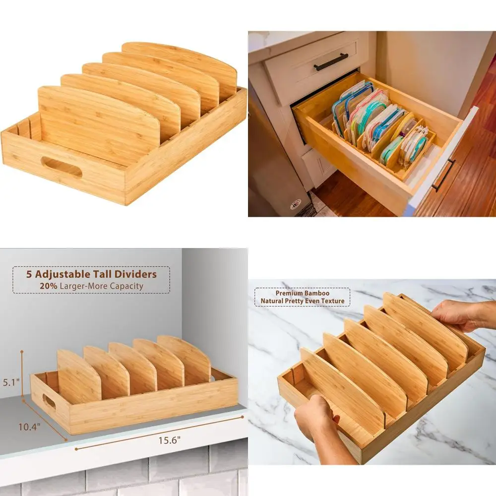 

Органайзер для кухонных шкафов с бамбуковой крышкой и 5 регулируемыми разделителями для пищевых контейнеров