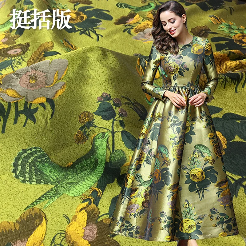 

European Style Spring Fall High Quality yellow Dobby Floral Brocade Jacquard Fabric for Party Dress 1 Yard