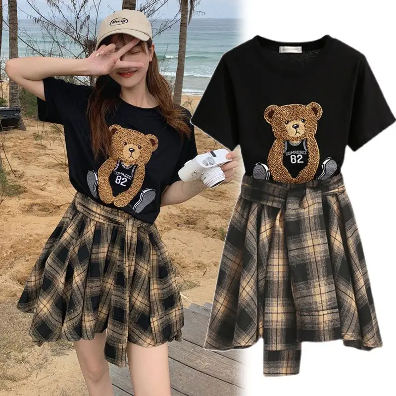 Spicy Girl Set Women\'s Summer Fashionable High Street Little Bear Printed T-shirt+Slimming Plaid Skirt Two Piece Set for Women