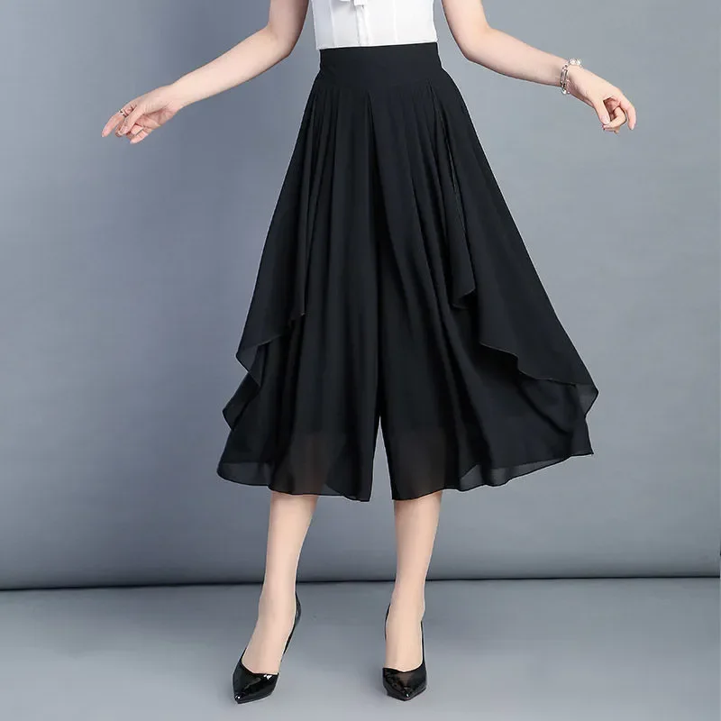 

Korean Fashion Women Oversize Chiffon Skirt Pants High Waist Loose Breathable Black Casual Wide Leg Calf-length Trousers LJ95