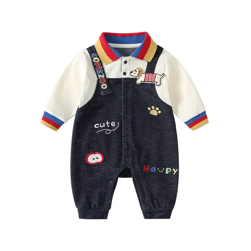 New Newborn Baby Cosplay Costume Cartoon Puppy Decorated Harness Fake Two-piece Romper with Lapel for Outdoor Clothing for Boys