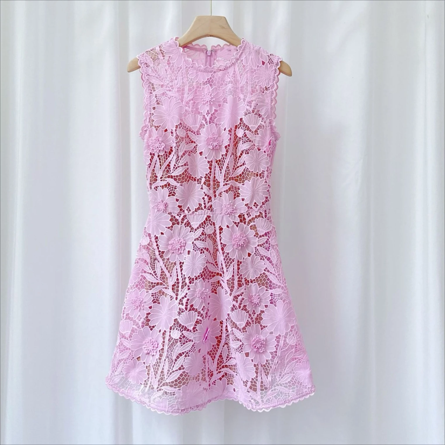 Vestido de Verano Rosa para Mujer, de Encaje, Manga Corta, Cinturón Ajustado, Vestido de Punto con Flores Tridimensionales