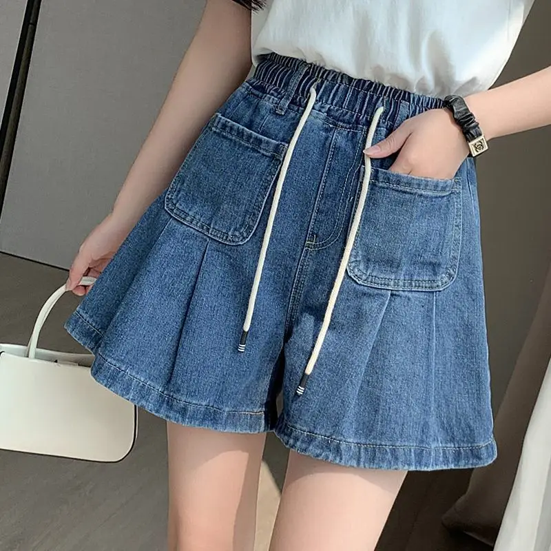 Summer Women Blue Denim Shorts Elastic Waist Drawstring Wide Leg Pleated Shorts Skirts Loose A-line Casual Culotte