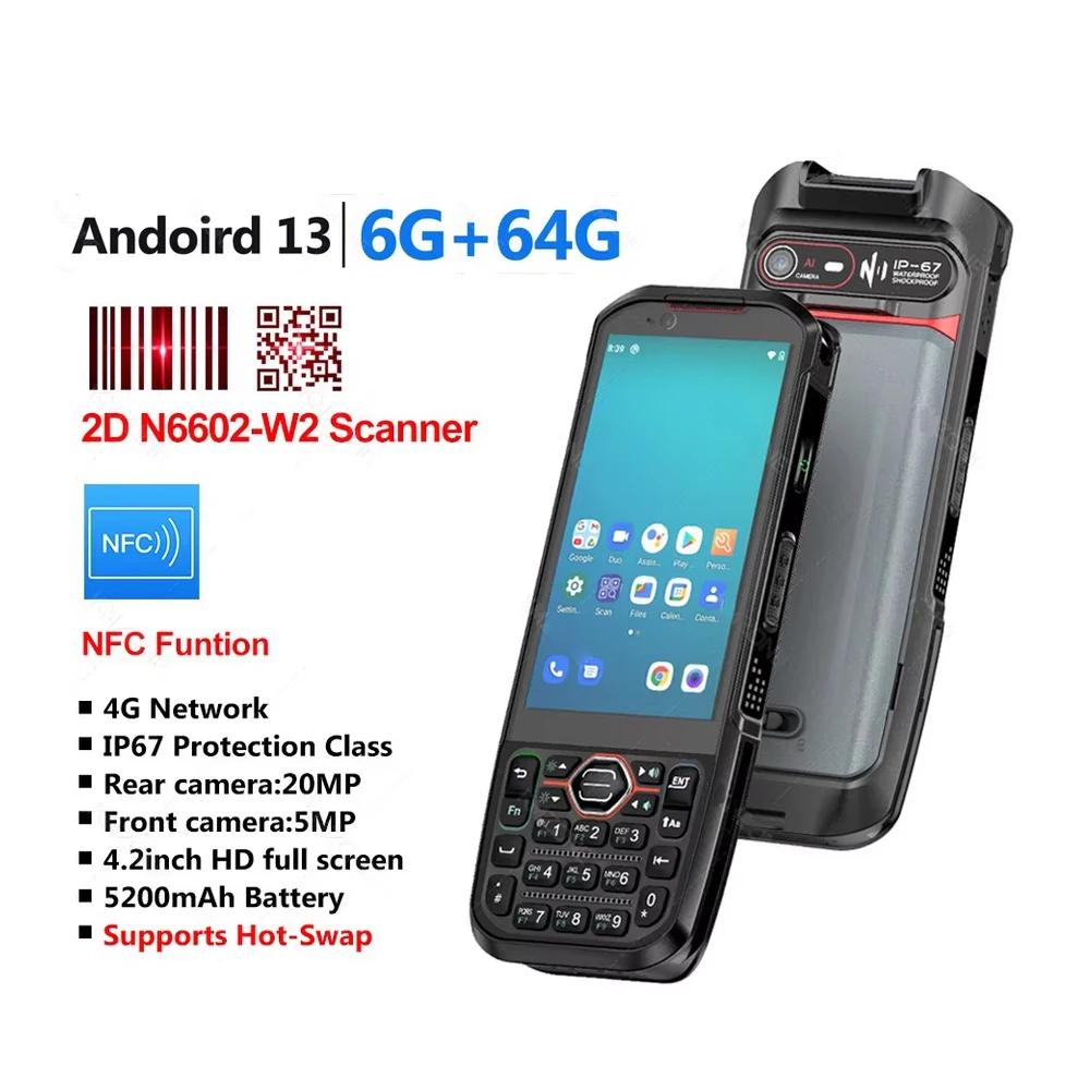 4,2-calowy terminal mobilny z systemem Android 13, skaner kodów kreskowych 2D, wodoodporny terminal przemysłowy, 6 GB RAM, 64 GB ROM, kolektor danych