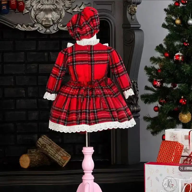 Baby Girl Autumn Winter Christmas Red Plaid Vintage Spanish Pompom Ball Princess Dress Cotton Lolita Party Clothes Hat Pants