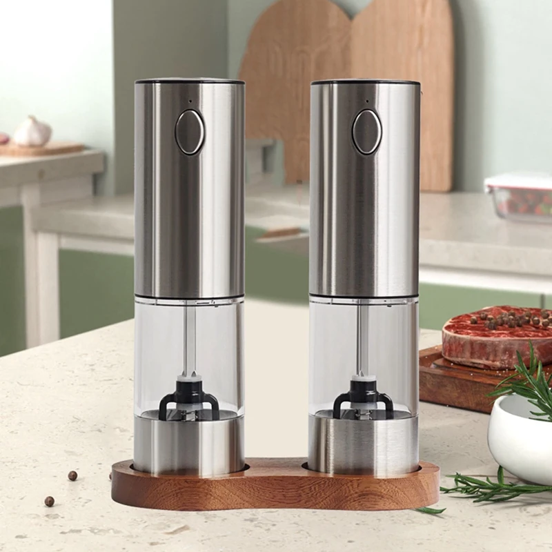 

Electric Salt And Pepper Grinder Set Rechargeable Automatic Pepper Grinder With Wooden Tray For Home Electric Grinder