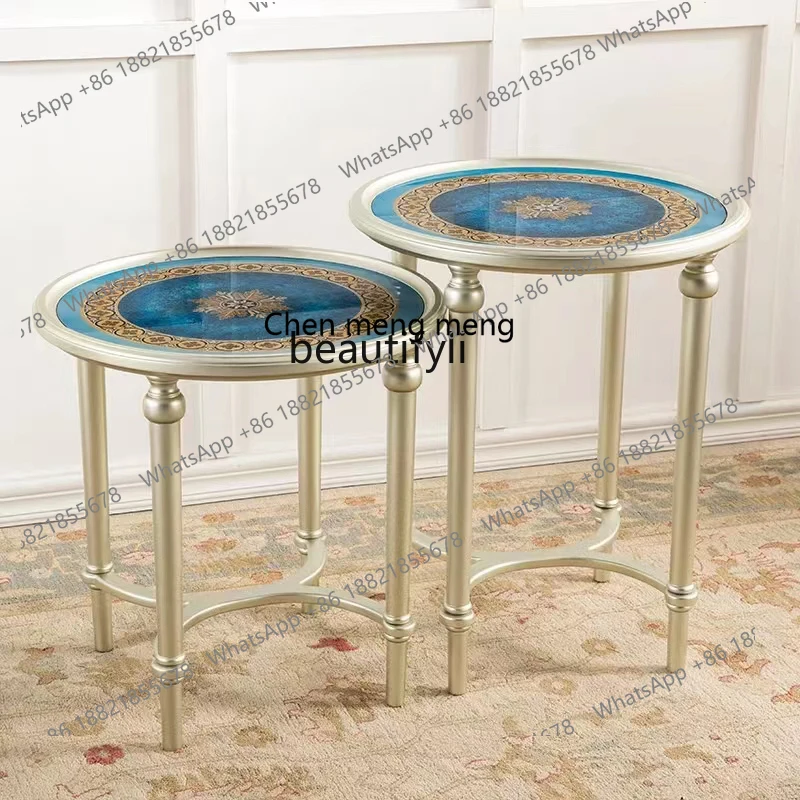 Solid Wood Painted Side Table Round American Style Light Luxury Corner Table European Style Retro Coffee Table Glass