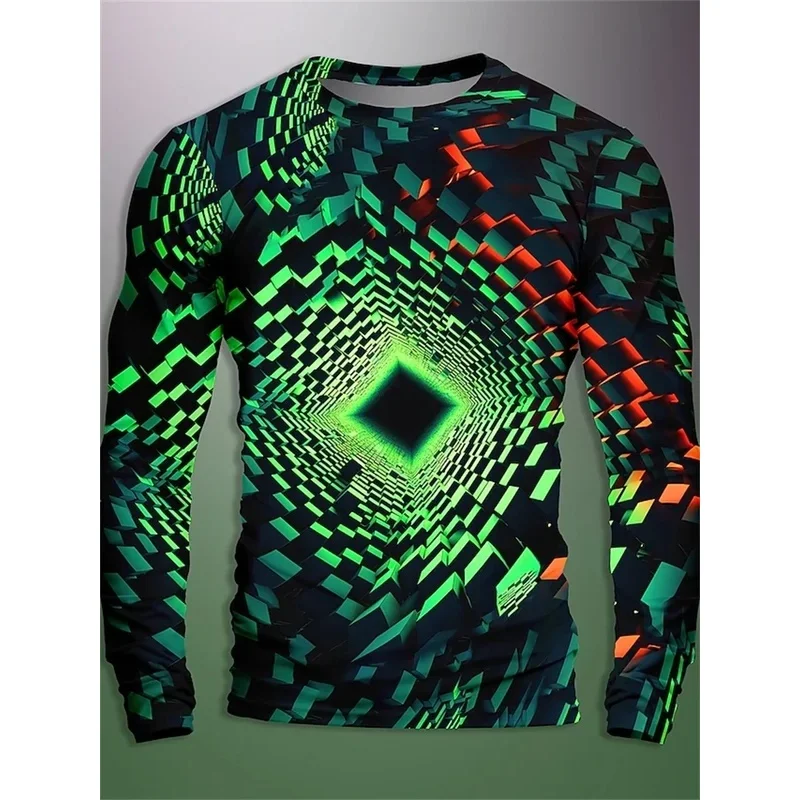 Full Print Geometric Optical Illusion Visual Graphic Tshirt For Men Casual Artistic Long Sleeve Crew Neck Tee Shirts Clothes
