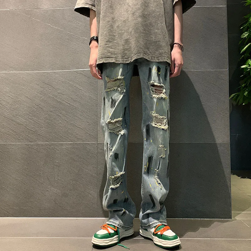 

2023 Spring Summer New Fashion Jeans Straight Loose Ripped Trousers HighStreet Pants Tide Hip - hop Casual Denim Graffiti