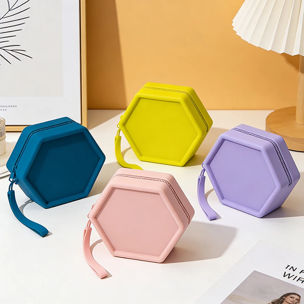 8pcs Coin Purses Women Silicone Plain hexagon Shaped Ear Line Short Storage Bag With Keychain