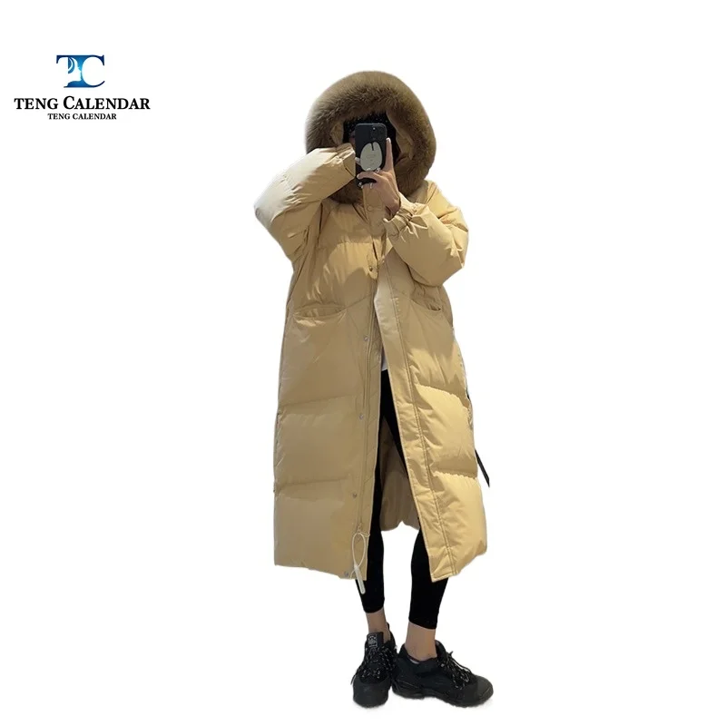 Fox Fur Collar White Duck Down Down Jacket, Loose and Thick Mid Length Jacket, 2025 Women's Winter New Style