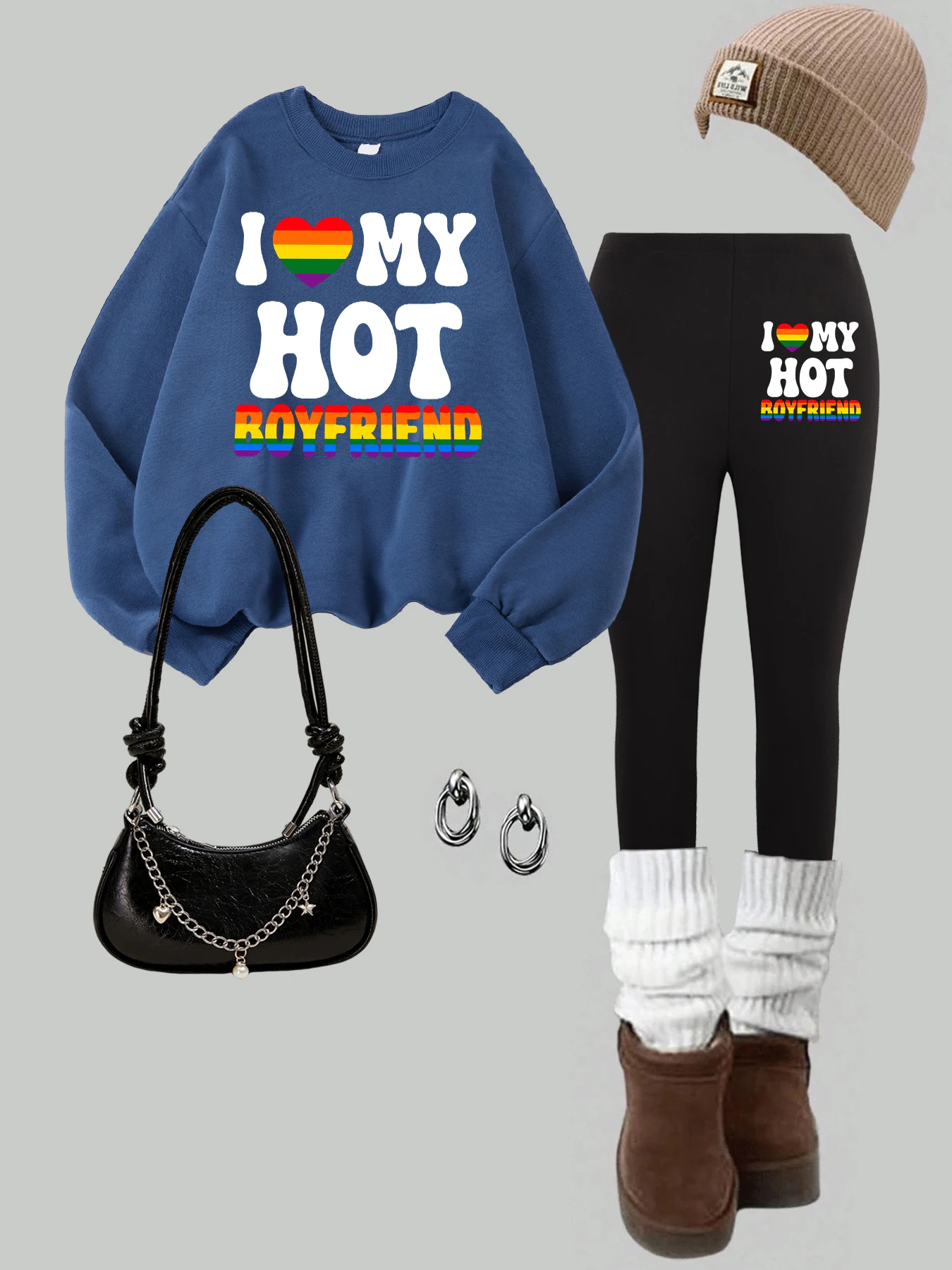 أنا أحب الساخن صديقها نمط البلوز مجموعة النساء Crewneck البلوفرات فضفاضة الصوف مرونة طماق الخريف رشاقته بانت مجموعات