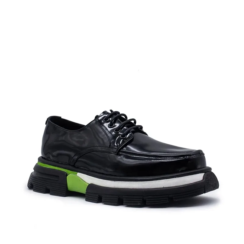 New Design Men Casual Shoes Black Green Thick Sole Lace Up Patent Leather Fashion Derby Shoes Youth Trend Shoes