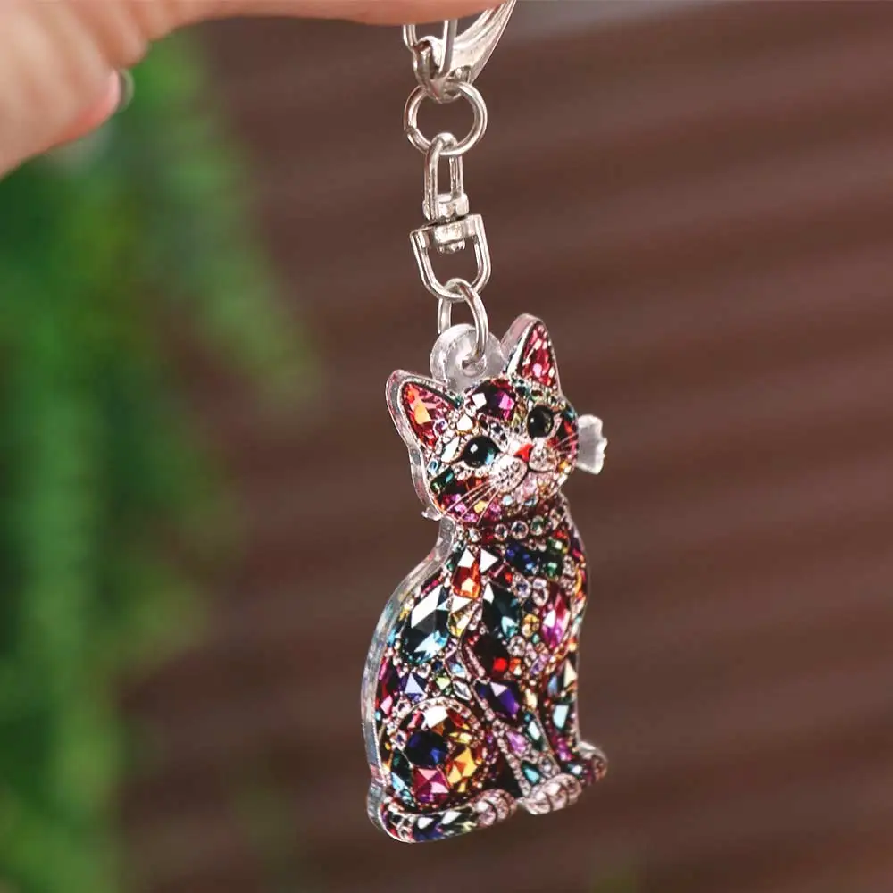 2 PCS Bag Key Decor Cute Rhinestone Cat Keychain Acrylic 2D Flat Kitten Hanging Ornament Mini Crystal Cat Pendant Gifts