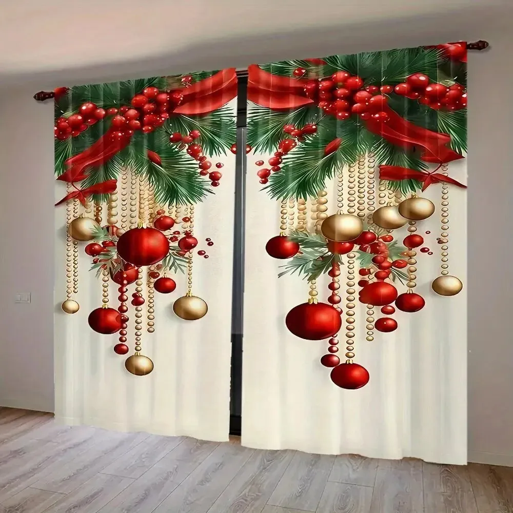 2PCS Digital Print Curtain, Red Berries with Christmas Ornament Balls and Gold Bead Garland, Pine on White, for Bedroom Decor