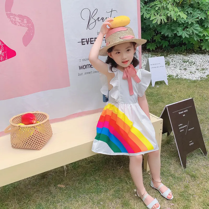 Girls Rainbow Backless Dress Stylish Princess Skirt New Summer Children Clothing 2-7Y