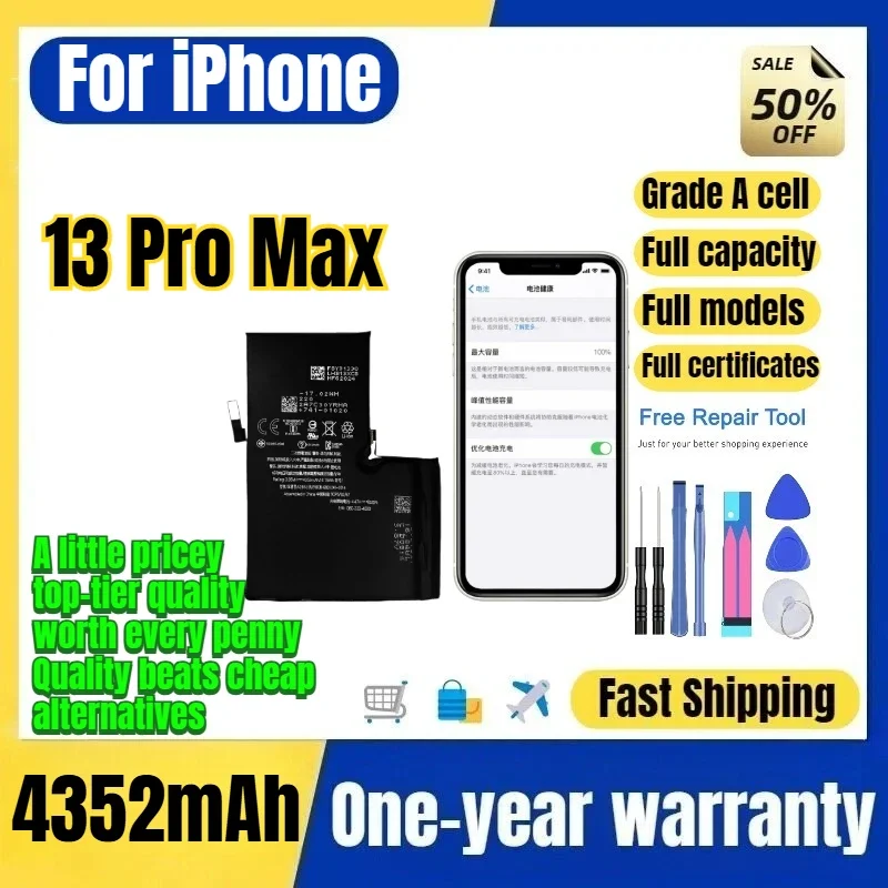 For IPhone 13 Pro Max Phone Battery No Pop-up Interruptions Health 100% High Quality Replacement Bateria Grade A Cell with Tools