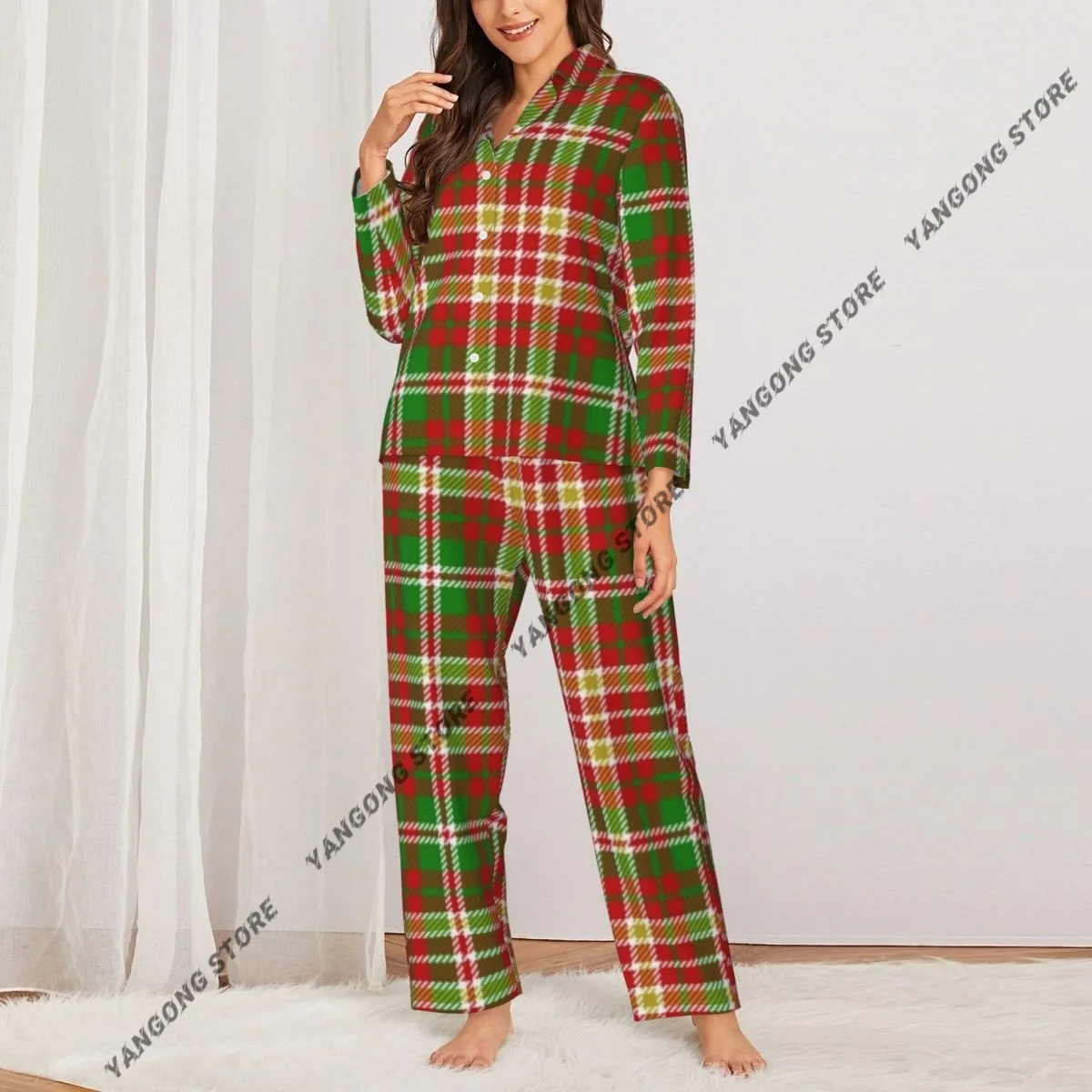 Women Sleepwear Pajamas Tartan Plaid Pattern Long Sleeve Pijama Female Set Negligee Cardigan Suit