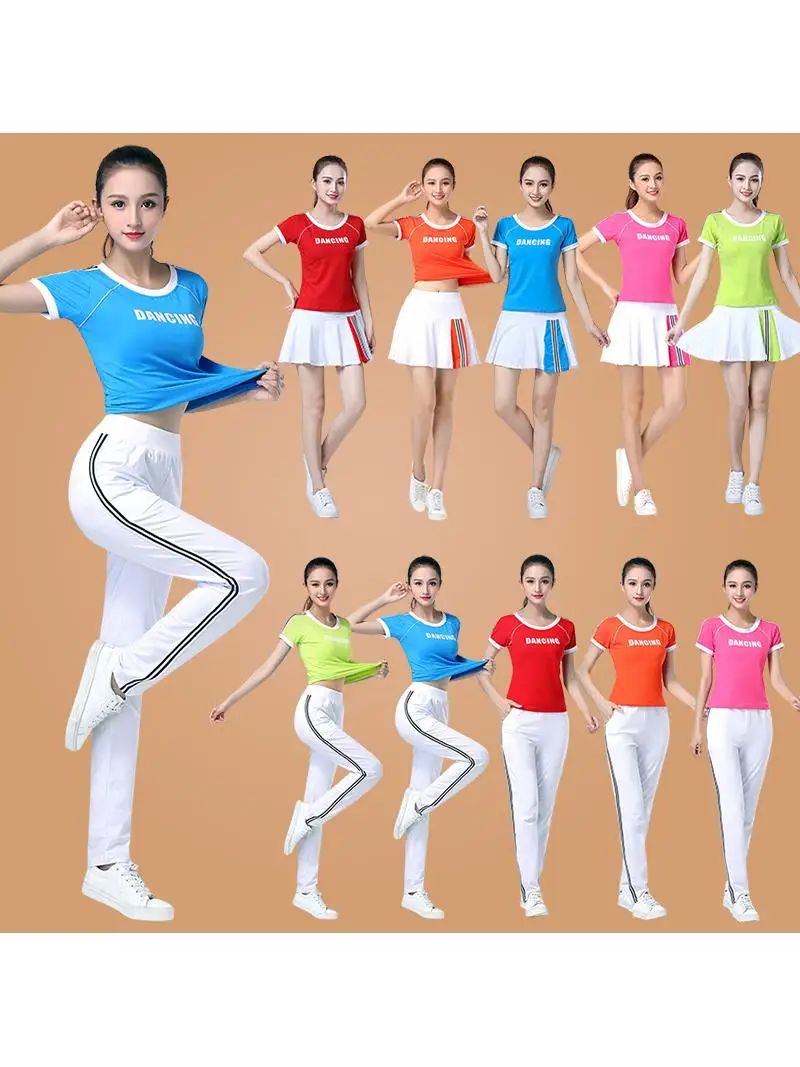 women's-square-dance-outfit-short-sleeve-performance-fitness-exercise-clothes-two-piece-set-cotton-polyester-color