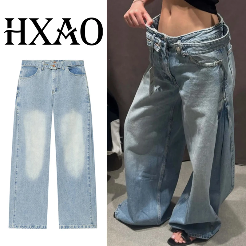

HXAO Y2K Baggy Jeans For Woman Mid Waist Street Style Jeans Summer Oversize Wide Leg Pants With Belt Light Blue Hip-Hop Pants