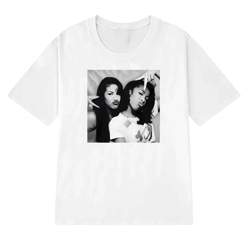Fashion Aaliyah n Selena printed Graphic street Hip Hop Tee shirt 100% Cotton Men Women short sleeve T-shirts vintage Unisex Top